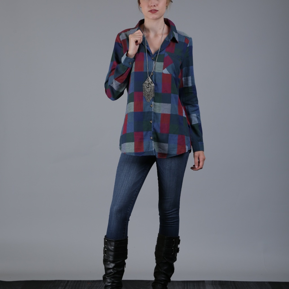 Navy & Red Checkerboard Button-Up Tunic